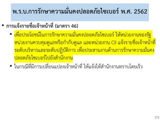 171
พ.ร.บ.การรักษาความมั่นคงปลอดภัยไซเบอร์ พ.ศ. 2562
• การแจ้งรายชื่อเจ้าหน้าที่ (มาตรา 46)
• เพื่อประโยชน์ในการรักษาความมั่นคงปลอดภัยไซเบอร์ ให้หน่วยงานของรัฐ
หน่วยงานควบคุมดูแลหรือกากับดูแล และหน่วยงาน CII แจ้งรายชื่อเจ้าหน้าที่
ระดับบริหารและระดับปฏิบัติการ เพื่อประสานงานด้านการรักษาความมั่นคง
ปลอดภัยไซเบอร์ไปยังสานักงาน
• ในกรณีที่มีการเปลี่ยนแปลงเจ้าหน้าที่ ให้แจ้งให้สานักงานทราบโดยเร็ว
 