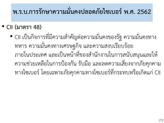 172
พ.ร.บ.การรักษาความมั่นคงปลอดภัยไซเบอร์ พ.ศ. 2562
• CII (มาตรา 48)
• CII เป็นกิจการที่มีความสาคัญต่อความมั่นคงของรัฐ ความมั่นคงทาง
ทหาร ความมั่นคงทางเศรษฐกิจ และความสงบเรียบร้อย
ภายในประเทศ และเป็นหน้าที่ของสานักงานในการสนับสนุนและให้
ความช่วยเหลือในการป้องกัน รับมือ และลดความเสี่ยงจากภัยคุกคาม
ทางไซเบอร์ โดยเฉพาะภัยคุกคามทางไซเบอร์ที่กระทบหรือเกิดแก่ CII
 