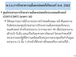 174
พ.ร.บ.การรักษาความมั่นคงปลอดภัยไซเบอร์ พ.ศ. 2562
• ศูนย์ประสานการรักษาความมั่นคงปลอดภัยระบบคอมพิวเตอร์
(CERT/CSIRT) (มาตรา 50)
• ให้คณะกรรมการมีอานาจประกาศกาหนดลักษณะ หน้าที่และความ
รับผิดชอบของศูนย์ประสานการรักษาความมั่นคงปลอดภัยระบบ
คอมพิวเตอร์ สาหรับหน่วยงาน CII ตามมาตรา 49 เพื่อประสานงาน
เฝ้าระวัง รับมือ และแก้ไขภัยคุกคามทางไซเบอร์ โดยจะกาหนดให้
หน่วยงานของรัฐที่มีความพร้อมหรือหน่วยงานควบคุมหรือกากับดูแล
หน่วยงาน CII นั้น ๆ ทาหน้าที่ดังกล่าวทั้งหมดหรือบางส่วนก็ได้...
 