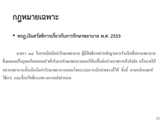 23
กฎหมายเฉพาะ
• พรฎ.เงินสวัสดิการเกี่ยวกับการรักษาพยาบาล พ.ศ. 2553
 