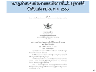 67
พ.ร.ฎ.กาหนดหน่วยงานและกิจการที่...ไม่อยู่ภายใต้
บังคับแห่ง PDPA พ.ศ. 2563
 