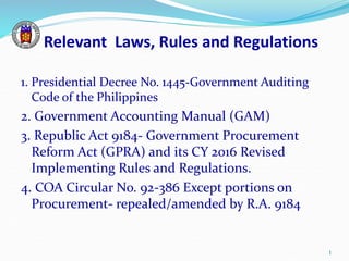 Relevant Laws, Rules and Regulations
1. Presidential Decree No. 1445-Government Auditing
Code of the Philippines
2. Government Accounting Manual (GAM)
3. Republic Act 9184- Government Procurement
Reform Act (GPRA) and its CY 2016 Revised
Implementing Rules and Regulations.
4. COA Circular No. 92-386 Except portions on
Procurement- repealed/amended by R.A. 9184
1
 