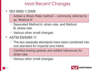 5
• ISO 6892-1:2009
• Added a Strain Rate method – commonly referred to as
“Method A”
• Separated Method A (strain rate)and Method B (stress
rate)
• Various other small changes
• ASTM E8/E8M-11
• The two separate standards have been combined into
one standard for imperial and metric
• Clarified testing speeds and added tolerances for strain
rate
• Various other small changes
Significant Recent Changes
 