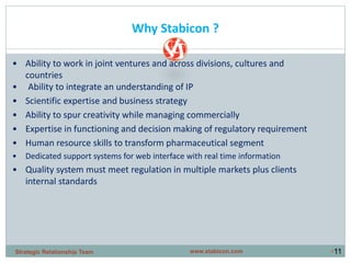 Why Stabicon ?
•11
• Ability to work in joint ventures and across divisions, cultures and
countries
• Ability to integrate an understanding of IP
• Scientific expertise and business strategy
• Ability to spur creativity while managing commercially
• Expertise in functioning and decision making of regulatory requirement
• Human resource skills to transform pharmaceutical segment
• Dedicated support systems for web interface with real time information
• Quality system must meet regulation in multiple markets plus clients
internal standards
www.stabicon.comStrategic Relationship Team
 