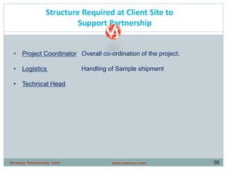 •30
• Project Coordinator Overall co-ordination of the project.
• Logistics Handling of Sample shipment
• Technical Head
Structure Required at Client Site to
Support Partnership
www.stabicon.comStrategic Relationship Team
 
