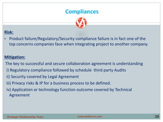 •39
Risk:
• Product failure/Regulatory/Security compliance failure is in fact one of the
top concerns companies face when integrating project to another company.
Mitigation:
The key to successful and secure collaboration agreement is understanding
i) Regulatory compliance followed by schedule third party Audits
ii) Security covered by Legal Agreement
iii) Privacy risks & IP for a business process to be defined.
iv) Application or technology function outcome covered by Technical
Agreement
Compliances
www.stabicon.comStrategic Relationship Team
 