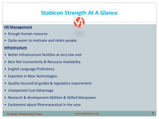 •7
HR Management
• Enough human resource
• Quite easier to motivate and retain people
Infrastructure
• Better Infrastructure facilities at very low cost
• Best Net Connectivity & Resource Availability
• English Language Proficiency
• Expertise in New Technologies
• Quality Assured (A grade) & regulatory requirement
• Unexpected Cost Advantage
• Research & development Abilities & Skilled Manpower
• Excitement about Pharmaceutical in the area
Stabicon Strength At A Glance
www.stabicon.comStrategic Relationship Team
 