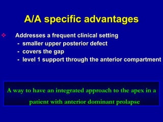A/A specific advantages Addresses a frequent clinical setting -  smaller upper posterior defect -  covers the gap -  level 1 support through the anterior compartment A way to have an integrated approach to the apex in a patient with anterior dominant prolapse 