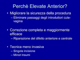 Perchè Elevate Anterior? Migliorare la sicurezza della procedura Eliminare passaggi degli introduttori cute-vagina Correzione completa e maggiormente efficace Riparazione del difetto anteriore e centrale  Tecnica meno invasiva Singola incisione Minori traumi 