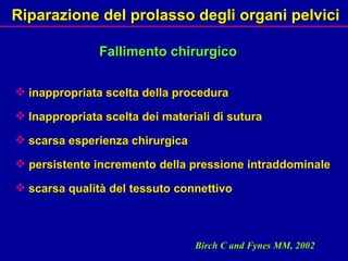 inappropriata scelta della procedura Inappropriata scelta dei materiali di sutura  scarsa esperienza chirurgica  persistente incremento della pressione intraddominale scarsa qualità del tessuto connettivo  Birch C and Fynes MM, 2002 Riparazione del prolasso degli organi pelvici Fallimento chirurgico 