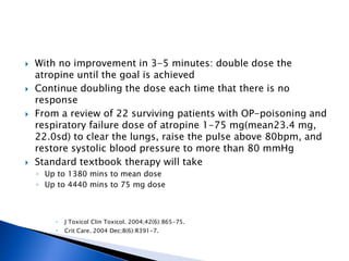    With no improvement in 3-5 minutes: double dose the
    atropine until the goal is achieved
   Continue doubling the dose each time that there is no
    response
   From a review of 22 surviving patients with OP-poisoning and
    respiratory failure dose of atropine 1-75 mg(mean23.4 mg,
    22.0sd) to clear the lungs, raise the pulse above 80bpm, and
    restore systolic blood pressure to more than 80 mmHg
   Standard textbook therapy will take
    ◦ Up to 1380 mins to mean dose
    ◦ Up to 4440 mins to 75 mg dose



           J Toxicol Clin Toxicol. 2004;42(6):865-75.
           Crit Care. 2004 Dec;8(6):R391-7.
 