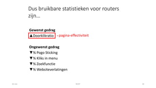 16 mei NCDT 34
Gewenst gedrag
▲Doorklikratio
Ongewenst gedrag
▼% Pogo Sticking
▼% Kliks in menu
▼% Zoekfunctie
▼% Websiteverlatingen
Dus bruikbare statistieken voor routers
zijn…
= pagina-effectiviteit
 