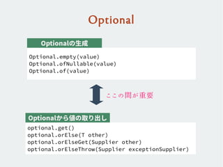 Optional
Optional.empty(value)
Optional.ofNullable(value)
Optional.of(value)
optional.get()
optional.orElse(T other)
optional.orElseGet(Supplier other)
optional.orElseThrow(Supplier exceptionSupplier)
ここの間が重要
Optionalの生成
Optionalから値の取り出し
 