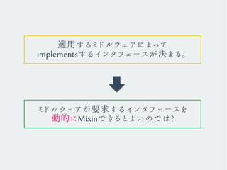 適用するミドルウェアによって
implementsするインタフェースが決まる。
ミドルウェアが要求するインタフェースを
動的にMixinできるとよいのでは?
 