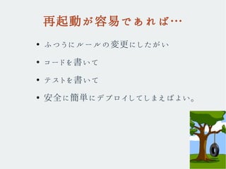 再起動が容易であれば…
●
ふつうにルールの変更にしたがい
●
コードを書いて
●
テストを書いて
●
安全に簡単にデプロイしてしまえばよい。
 