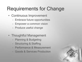 Requirements for Change
• Continuous Improvement
  – Embrace future opportunities
  – Empower a common vision
  – Produce useful change

• Thoughtful Management
  –   Planning & Budgeting
  –   Structuring & Staffing
  –   Performance & Measurement
  –   Goods & Services Production
 