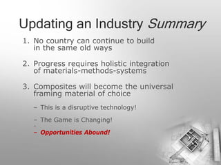 Updating an Industry Summary
1. No country can continue to build
   in the same old ways

2. Progress requires holistic integration
   of materials-methods-systems

3. Composites will become the universal
   framing material of choice
   – This is a disruptive technology!

   – The Game is Changing!
   –
   – Opportunities Abound!
 