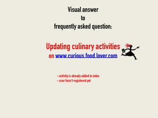Visual answerto frequentlyaskedquestion:Updating culinaryactivitiesonwww.curious.food.lover.com - activity is alreadyadded to index- user hasn’tregisteredyet 
