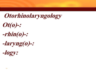 Otorhinolaryngology
Ot(o)-:
-rhin(o)-:
-laryng(o)-:
-logy:
Otorhinolaryngology
23
 
