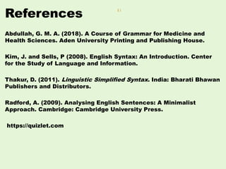 References
Abdullah, G. M. A. (2018). A Course of Grammar for Medicine and
Health Sciences. Aden University Printing and Publishing House.
Kim, J. and Sells, P (2008). English Syntax: An Introduction. Center
for the Study of Language and Information.
Thakur, D. (2011). Linguistic Simplified Syntax. India: Bharati Bhawan
Publishers and Distributors.
Radford, A. (2009). Analysing English Sentences: A Minimalist
Approach. Cambridge: Cambridge University Press.
https://quizlet.com
41
 