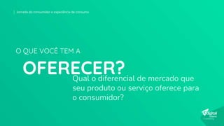 Qual o diferencial de mercado que
seu produto ou serviço oferece para
o consumidor?
OFERECER?
O QUE VOCÊ TEM A
Jornada do consumidor e experiência de consumo
 