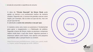 Jornada do consumidor e experiência de consumo
A ideia do “Círculo Dourado” de Simon Sinek pode
ajudar as marcas a se conhecerem melhor de maneira
simples. Segundo ele, o sucesso de grandes marcas como
Apple, por exemplo, não se deve ao que ela faz, mas sim
ao por que ela faz.
E sobretudo: a como ela comunica o seu por que.
A maneira como uma marca se posiciona é fundamental
para gerar o engajamento e a fidelização do público.
Segundo a teoria de Simon, todas as pessoas e empresas
sabem muito bem o quê elas fazem, algumas pessoas e
empresas sabem como fazem, mas apenas uma pequena
quantidade sabe o porquê fazem ou existem.
https://www.ted.com/talks/simon_sinek_how_great_leade
rs_inspire_action?language=pt-br#t-146014
O QUE
COMO
POR QUE
 