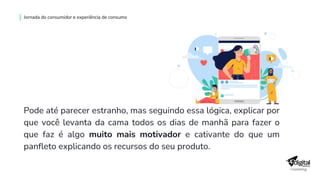 Jornada do consumidor e experiência de consumo
Pode até parecer estranho, mas seguindo essa lógica, explicar por
que você levanta da cama todos os dias de manhã para fazer o
que faz é algo muito mais motivador e cativante do que um
panfleto explicando os recursos do seu produto.
 