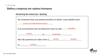 Tom e Voz
Defina a empresa em valores humanos
e
ecléticos perspicazes
Nós não queremos ser vistos como e esnobes obsoletos
ou limitados
Streaming de música (ex.: Spotify)
Se a empresa fosse uma pessoa servindo um cliente, nosso trabalho seria
um DJ ou um especialista em música
E os consumidores irão nos descrever como os mais entendidos
,
Fonte: Conversational Design
 