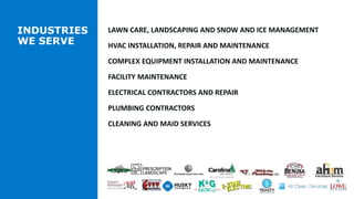INDUSTRIES
WE SERVE
LAWN CARE, LANDSCAPING AND SNOW AND ICE MANAGEMENT
HVAC INSTALLATION, REPAIR AND MAINTENANCE
COMPLEX E...