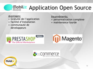 Application Open Source
15
Avantages:
• Gratuité de l’application
• facilité d’installation
• communauté de
développeurs
Inconvénients:
• personnalisation complexe
• maintenance lourde
 