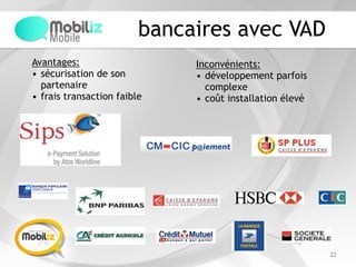 bancaires avec VAD
22
Avantages:
• sécurisation de son
partenaire
• frais transaction faible
Inconvénients:
• développement parfois
complexe
• coût installation élevé
 