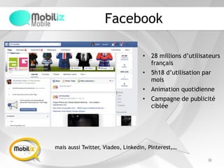 Facebook
• 28 millions d’utilisateurs
français
• 5h18 d’utilisation par
mois
• Animation quotidienne
• Campagne de publicité
ciblée
38
mais aussi Twitter, Viadeo, Linkedin, Pinterest,…
 