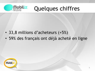 Quelques chiffres
• 33,8 millions d’acheteurs (+5%)
• 59% des français ont déjà acheté en ligne
5
 