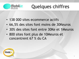 Quelques chiffres
• 138 000 sites ecommerce actifs
• 66,5% des sites font moins de 30Keuros
• 30% des sites font entre 30Ke et 1Meuros
• 800 sites font plus de 10Meuros et
concentrent 67 % du CA
7
 