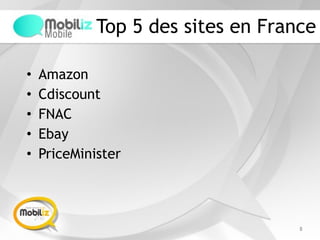 Top 5 des sites en France
• Amazon
• Cdiscount
• FNAC
• Ebay
• PriceMinister
8
 