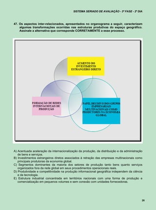 SISTEMA SERIADO DE AVALIAÇÃO - 3ª FASE - 2º DIA



47. Os aspectos inter-relacionados, apresentados no organograma a seguir, caracterizam
    algumas transformações ocorridas nas estruturas produtivas do espaço geográfico.
    Assinale a alternativa que corresponde CORRETAMENTE a esse processo.




A) Acentuada aceleração da internacionalização da produção, da distribuição e da administração
   de bens e serviços.
B) Investimentos estrangeiros diretos associados à retração das empresas multinacionais como
   principais produtoras da economia global.
C) Segmentos dominantes da maioria dos setores de produção tanto bens quanto serviços
   organizados fora da rede global em seus procedimentos operacionais reais.
D) Produtividade e competitividade na produção informacional geográfica independem da ciência
   e da tecnologia.
E) Estrutura industrial concentrada em territórios nacionais com uma forma de produção e
   comercialização em pequenos volumes e sem conexão com unidades fornecedoras.




                                                                                             26
 