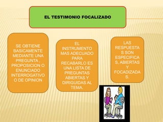EL TESTIMONIO FOCALIZADO
SE OBTIENE
BASICAMENTE
MEDIANTE UNA
PREGUNTA ,
PROPOSICION O
ENUNCIADO
INTERROGATIVO
O DE OPINION
EL
INSTRUMENTO
MAS ADECUADO
PARA
RECABARLO ES
UNA LISTA DE
PREGUNTAS
ABIERTAS Y
DIRIGUIDAS AL
TEMA.
LAS
RESPUESTA
S SON
ESPECIFICA
S, ABIERTAS
Y
FOCADIZADA
S.
 