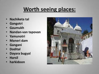 Worth seeing places:
•
•
•
•
•
•
•
•
•
•
•
Nachiketa tal
Gangotri
Gaumukh
Nandan-van tapovan
Yamunotri
Maneri dam
Gangani
Dodital
Dayara bugyal
Harsil
harkidoon