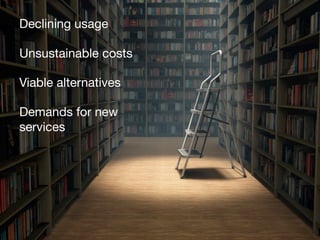 Declining usage
Unsustainable costs
Viable alternatives
Demands for new
services

 