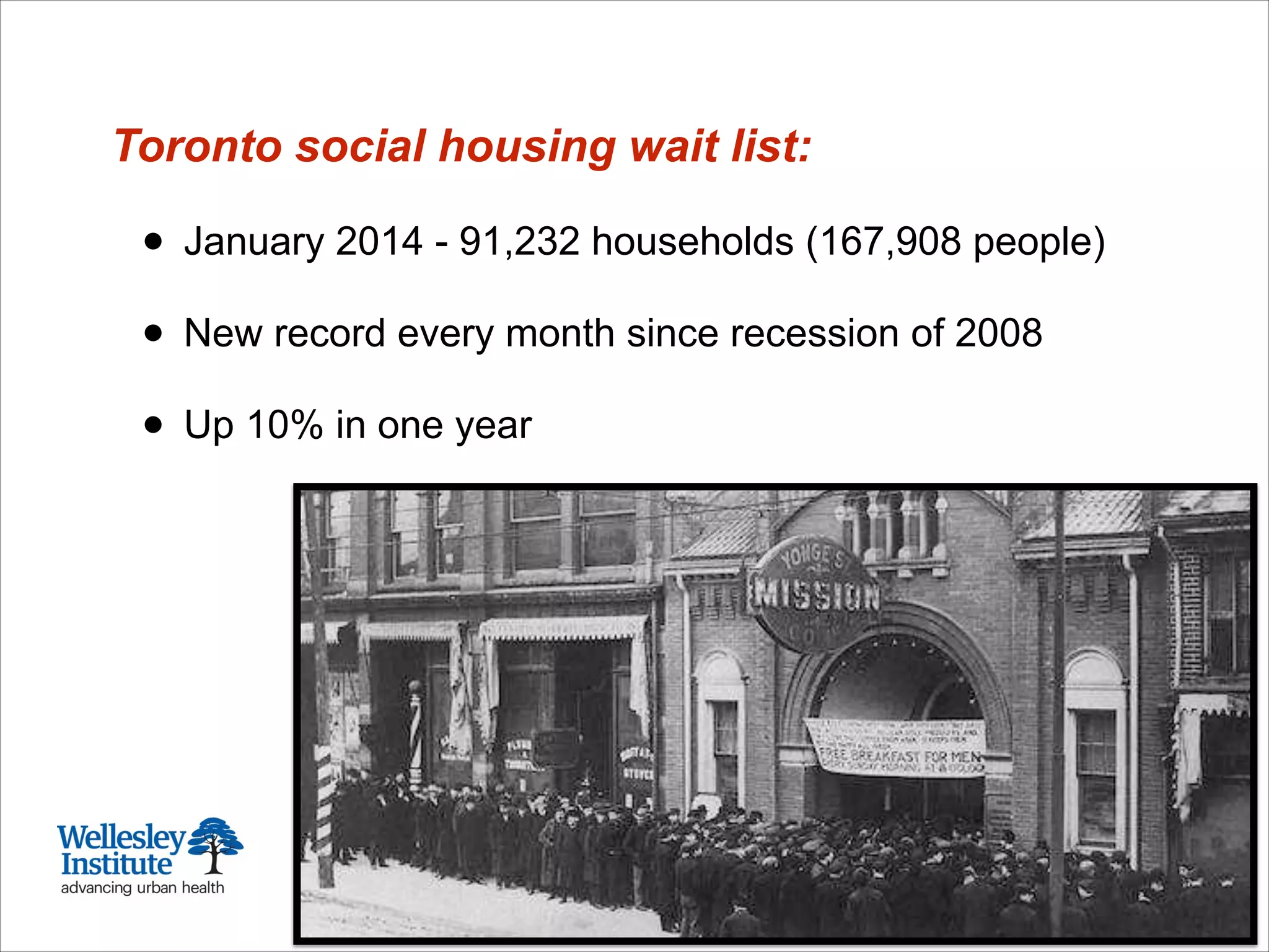 Toronto social housing wait list:
!
• January 2014 - 91,232 households (167,908 people)
!
• New record every month since recession of 2008
!
• Up 10% in one year
 