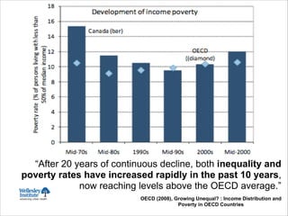 “After 20 years of continuous decline, both inequality and
poverty rates have increased rapidly in the past 10 years,
now reaching levels above the OECD average.”
OECD (2008), Growing Unequal? : Income Distribution and
Poverty in OECD Countries
 