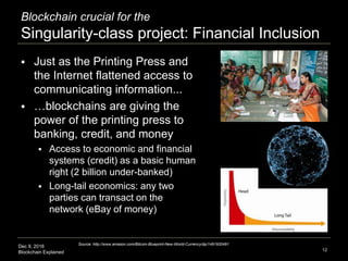 Dec 9, 2016
Blockchain Explained
Blockchain crucial for the
Singularity-class project: Financial Inclusion
 Just as the Printing Press and
the Internet flattened access to
communicating information...
 …blockchains are giving the
power of the printing press to
banking, credit, and money
 Access to economic and financial
systems (credit) as a basic human
right (2 billion under-banked)
 Long-tail economics: any two
parties can transact on the
network (eBay of money)
12
Source: http://www.amazon.com/Bitcoin-Blueprint-New-World-Currency/dp/1491920491
 