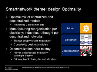 Dec 9, 2016
Blockchain Explained
Smartnetwork theme: design Optimality
 Optimal mix of centralized and
decentralized models
 Rethinking Coase’s firm size
 Manufacturing reorganization per
electricity; industries rethought per
decentralized networks
 Tighter supply chain integration
 Complexity design principles
 Decentralization here to stay
 Proven decentralized scalability
paradigm: Internet
 Bitcoin, blockchain, decentralization
14
Sources: Coase, RH, The Nature of The Firm, 1937, http://www3.nccu.edu.tw/~jsfeng/CPEC11.pdf
Decentralization
Blockchain
Bitcoin
 
