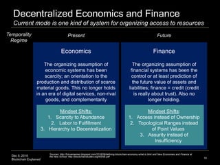 Dec 9, 2016
Blockchain Explained
Decentralized Economics and Finance
Current mode is one kind of system for organizing access to resources
16
The organizing assumption of
economic systems has been
scarcity; an orientation to the
production and distribution of scarce
material goods. This no longer holds
in an era of digital services, non-rival
goods, and complementarity
Mindset Shifts:
1. Scarcity to Abundance
2. Labor to Fulfillment
3. Hierarchy to Decentralization
The organizing assumption of
financial systems has been the
control or at least prediction of
the future value of assets and
liabilities; finance = credit (credit
is really about trust). Also no
longer holding.
Mindset Shifts:
1. Access instead of Ownership
2. Topological Ranges instead
of Point Values
3. Assurity instead of
Insufficiency
Sources: http://futurememes.blogspot.com/2016/09/defining-blockchain-economy-what-is.html and New Economies and Finance at
the New School: http://blockchainstudies.org/NSNE.pdf
Economics Finance
Present FutureTemporality
Regime
 