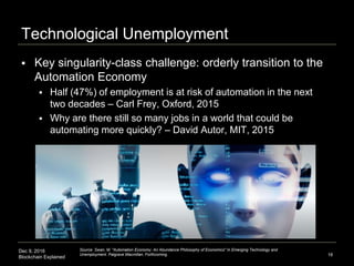 Dec 9, 2016
Blockchain Explained
Technological Unemployment
 Key singularity-class challenge: orderly transition to the
Automation Economy
 Half (47%) of employment is at risk of automation in the next
two decades – Carl Frey, Oxford, 2015
 Why are there still so many jobs in a world that could be
automating more quickly? – David Autor, MIT, 2015
18
Source: Swan, M. "Automation Economy: An Abundance Philosophy of Economics" In Emerging Technology and
Unemployment. Palgrave Macmillan. Forthcoming.
 