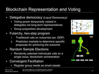 Dec 9, 2016
Blockchain Explained
Blockchain Representation and Voting
 Delegative democracy (Liquid Democracy)
 Voting power temporarily vested in
delegates not long-term representatives
 Group proposition development
 Futarchy, two-step program
1. Traditional vote on outcomes (ex: GDP)
2. Prediction markets to determine specific
proposals for achieving the outcome
 Random Sample Elections
 Randomly selected individuals vote on a
single issue, blockchain orchestration
 Convergent Facilitation
 Register group needs as smart assets
39
https://bitcoinmagazine.com/17066/first-blockchain-wedding-2/,
http://www.bitnation-blog.com/latest-update-dec-22nd-2014/
 