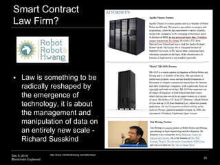 Dec 9, 2016
Blockchain Explained
Smart Contract
Law Firm?
29
http://www.robotandhwang.com/attorneys/
 Law is something to...