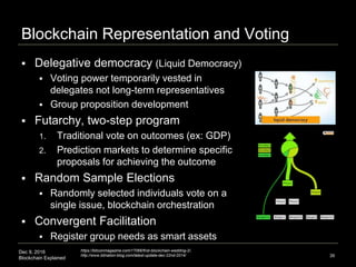Dec 9, 2016
Blockchain Explained
Blockchain Representation and Voting
 Delegative democracy (Liquid Democracy)
 Voting p...