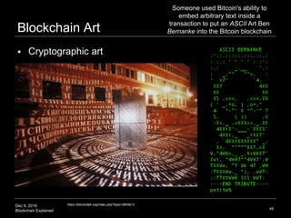 Dec 9, 2016
Blockchain Explained
Blockchain Art
48
https://bitcointalk.org/index.php?topic=98392.0
 Cryptographic art
Som...