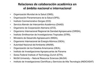 Relaciones de colaboración académica en 
el ámbito nacional e internacional 
• Organización Mundial de la Salud (OMS), 
• Organización Panamericana de la Salud (OPS), 
• Instituto Conmemorativo Gorgas (ICG) 
• Servicio Alemán de Intercambio Académico (DAAD) 
• Organismo de Cooperación Alemana (GTZ), 
• Organismo Internacional Regional de Sanidad Agropecuaria (OIRSA), 
• Instituto Smithsonian de Investigaciones Tropicales (STRI), 
• Ministerio de Desarrollo Agropecuario (MIDA), 
• Organismo Internacional de Energía Atómica (OIEA), 
• Autoridad Nacional del Ambiente (ANAM), 
• Organización de los Estados Americanos (OEA), 
• Instituto de Investigaciones Agropecuarias de Panama 
• Swiss Federal Institute of Technology Zurich (ETH), 
• McGill University – Natural Resource Sciences (McGill) 
• Instituto de Investigaciones Científicas y Servicios de Alta Tecnología (INDICASAT) 
 